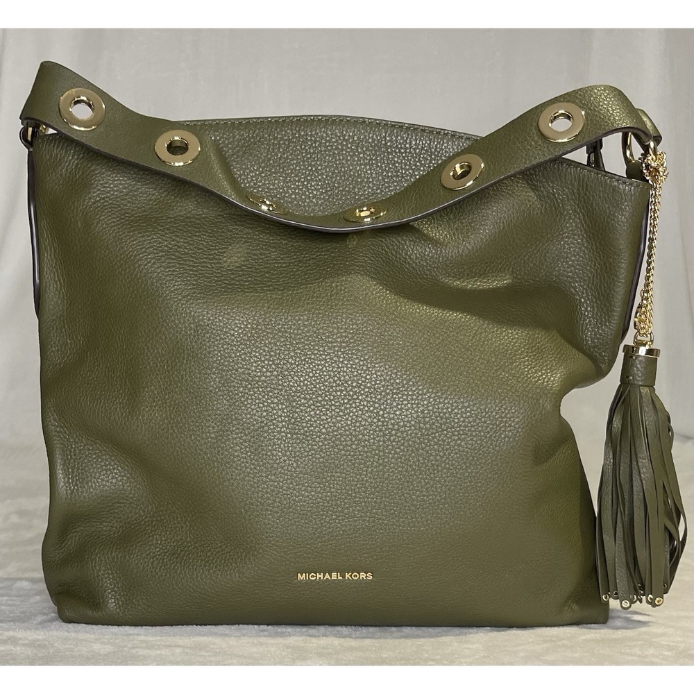 Michael Kors Brooklyn Large Leather Shoulder Handbag Purse Olive Army Green Bag - Picture 3 of 16